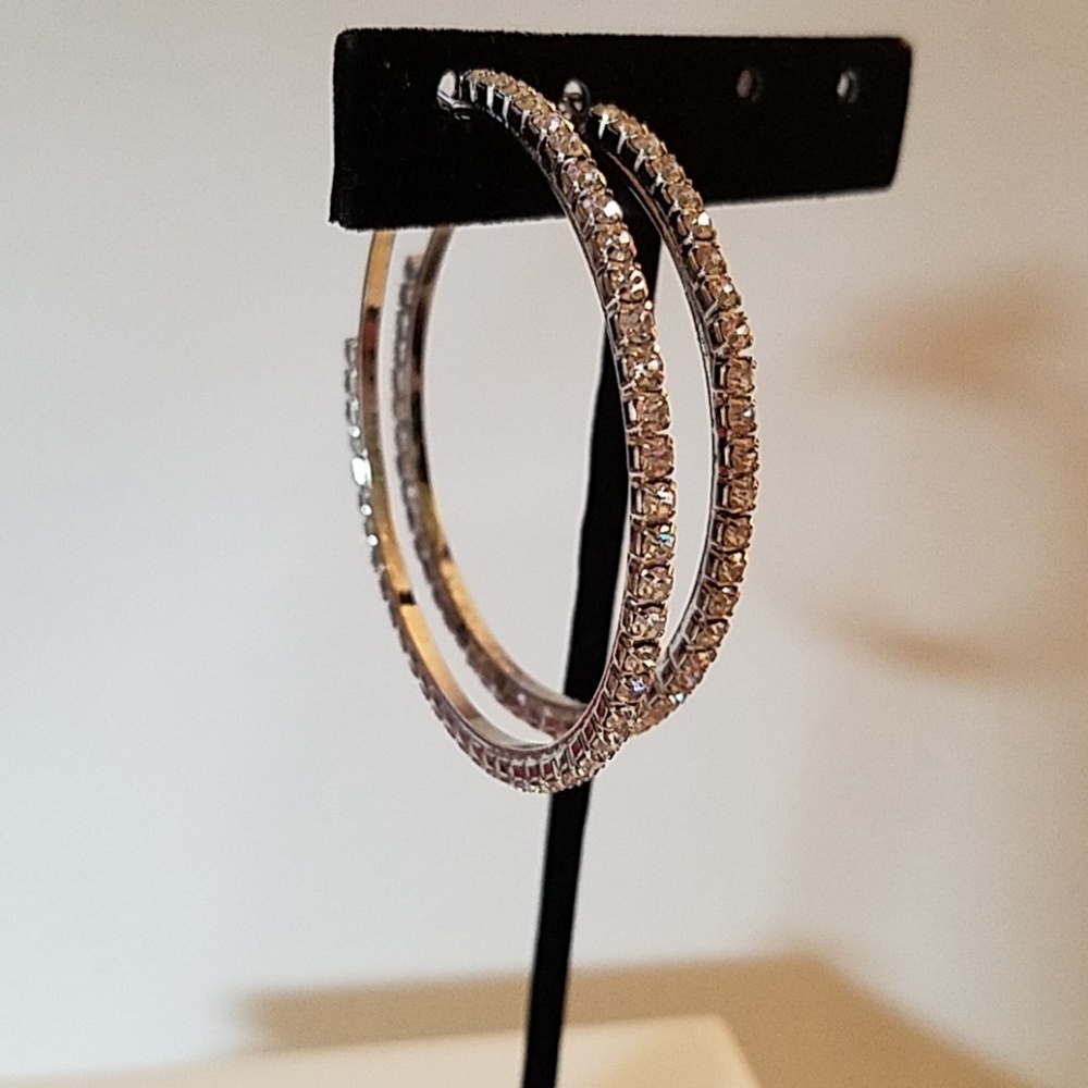Rhinestone Hoop Silver Tone Earring 3"